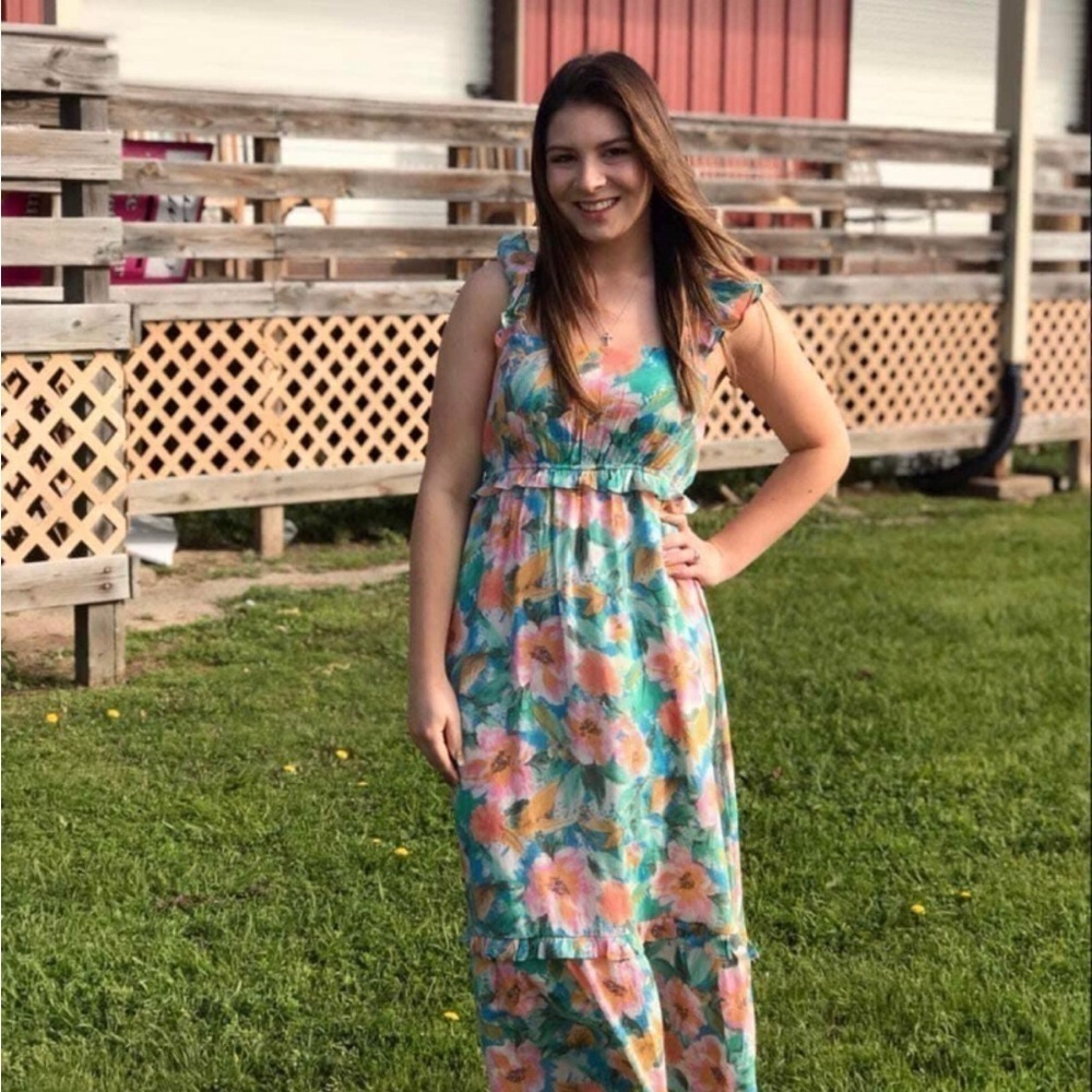 Floral Coastal Beach Summer Vacation Maxi Dress Womens Size M